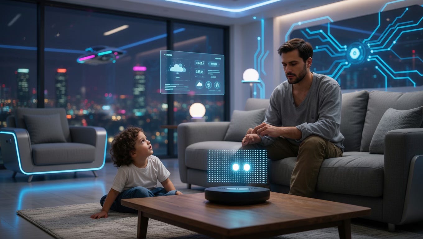 A father on a couch and a young child on the floor look at a small glowing robot on a coffee table in a high-tech apartment at night.