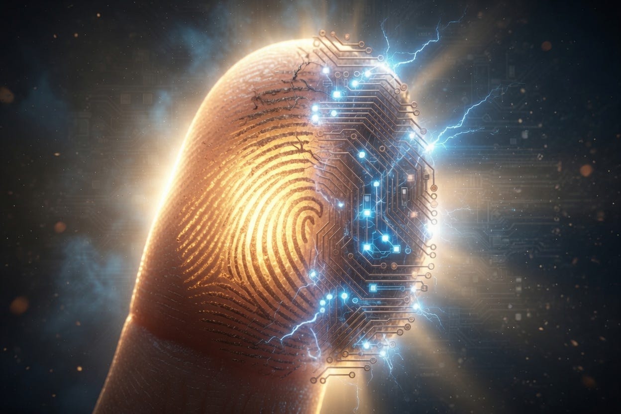 A close-up of a fingertip whose fingerprint turns into glowing circuit lines on one side, with sparks of blue light around it.