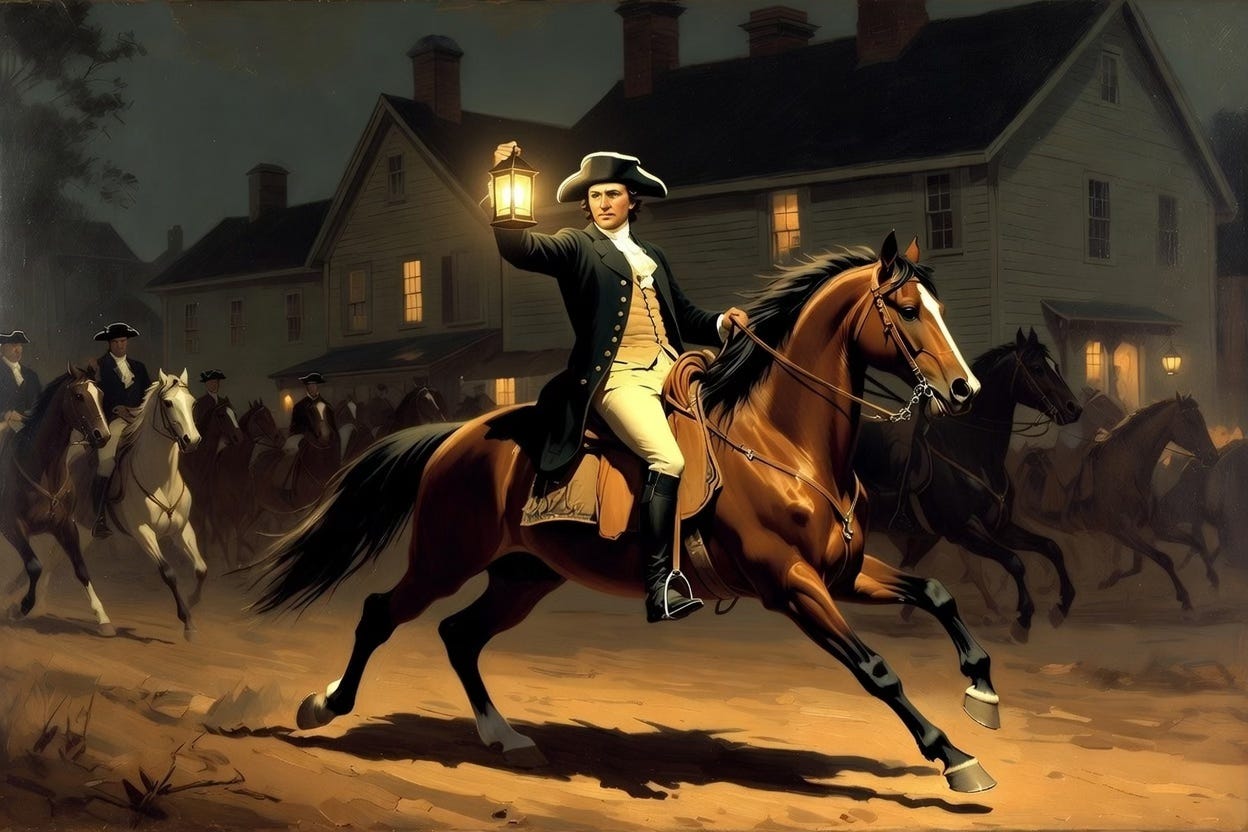 A man in a tricorn hat rides a galloping horse through a colonial town at night, holding up a lantern, with other riders behind him.