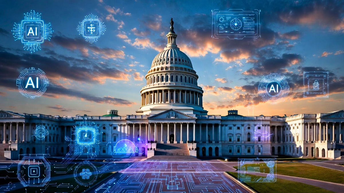 The U.S. Capitol at sunset, surrounded by glowing digital icons labeled “AI” and circuit patterns across the ground.