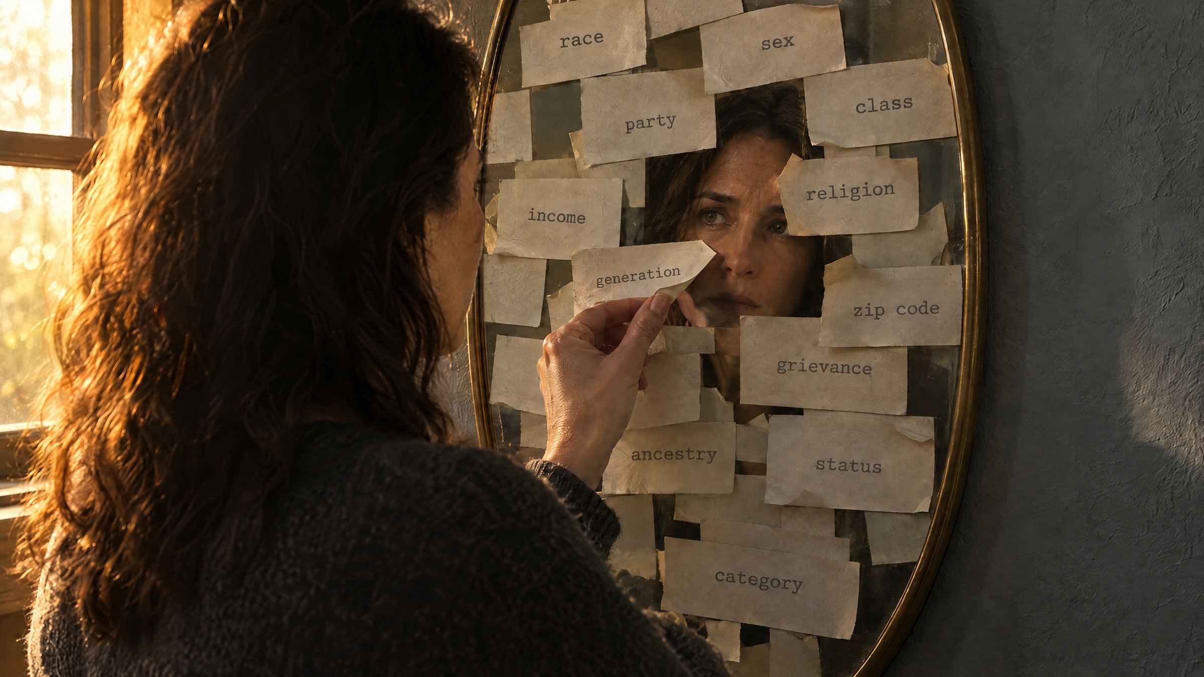 A woman looks into a round mirror covered with paper labels such as “race,” “class,” and “party,” and peels one label away from her reflection’s face.
