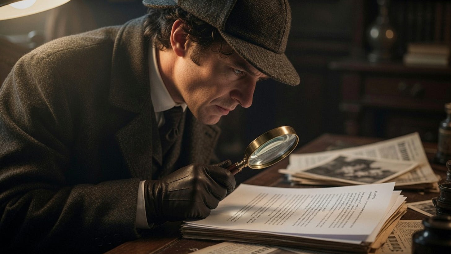 A man in a tweed deerstalker cap studies a stack of printed pages through a magnifying glass.