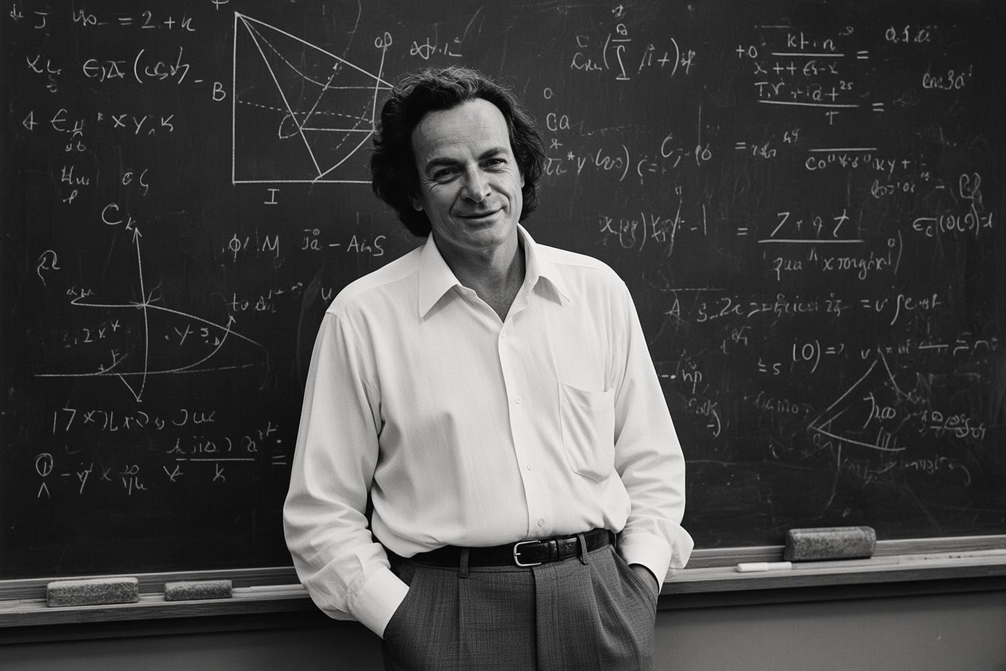 A black-and-white portrait of a smiling man in a white shirt leaning against a chalkboard covered in equations.