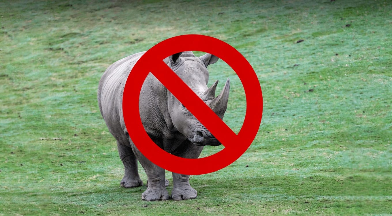 A rhinoceros behind a red prohibition sign.