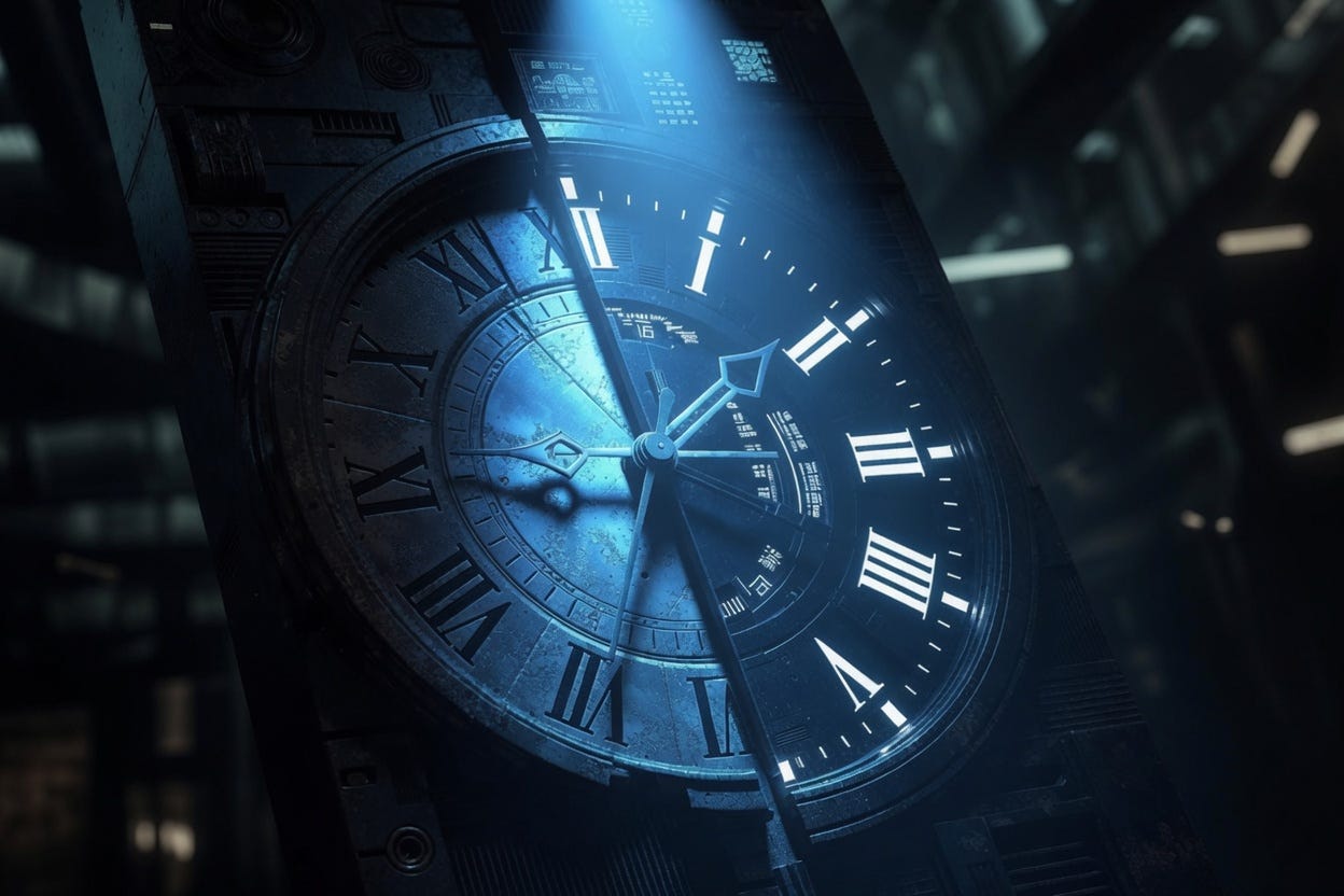 A large clock face with Roman numerals is split down the middle, one half in shadow and the other lit in blue.