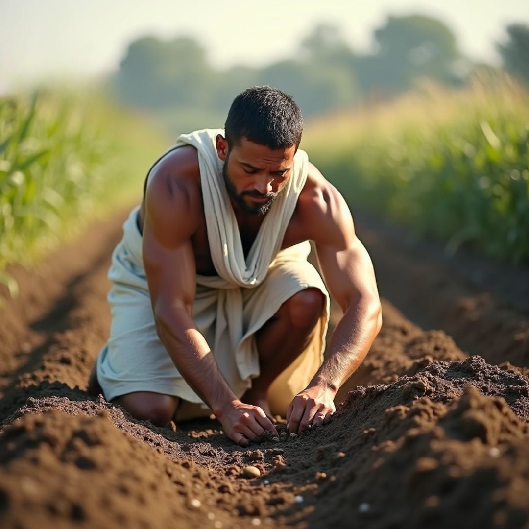 A man in a white robe kneels in a plowed field, pressing seeds into the soil.