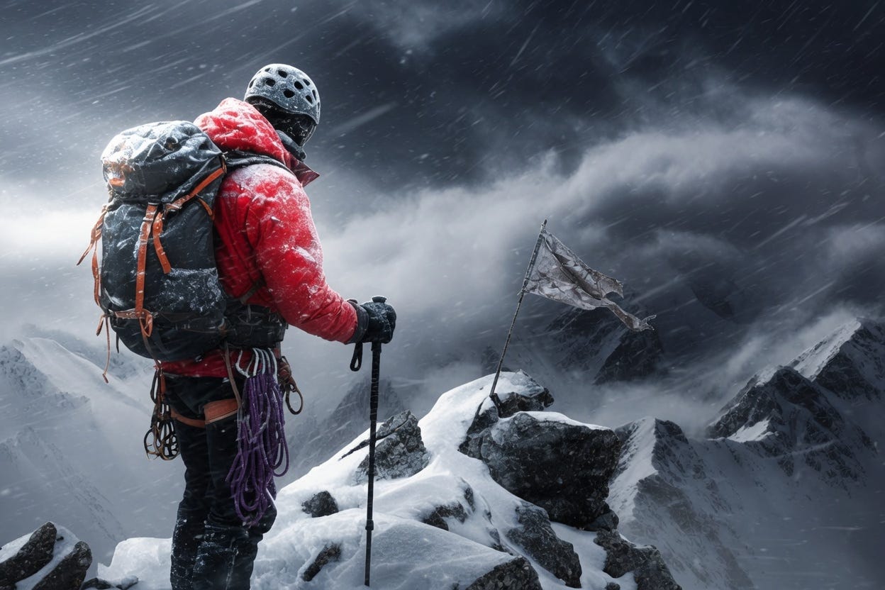 A climber in a red jacket and heavy pack stands near a snowy summit in a storm, looking toward a tattered flag.
