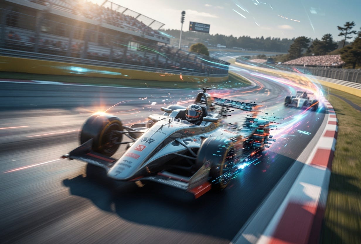 A race car speeds around a track, with the back half of the car breaking apart into streaks of digital light.