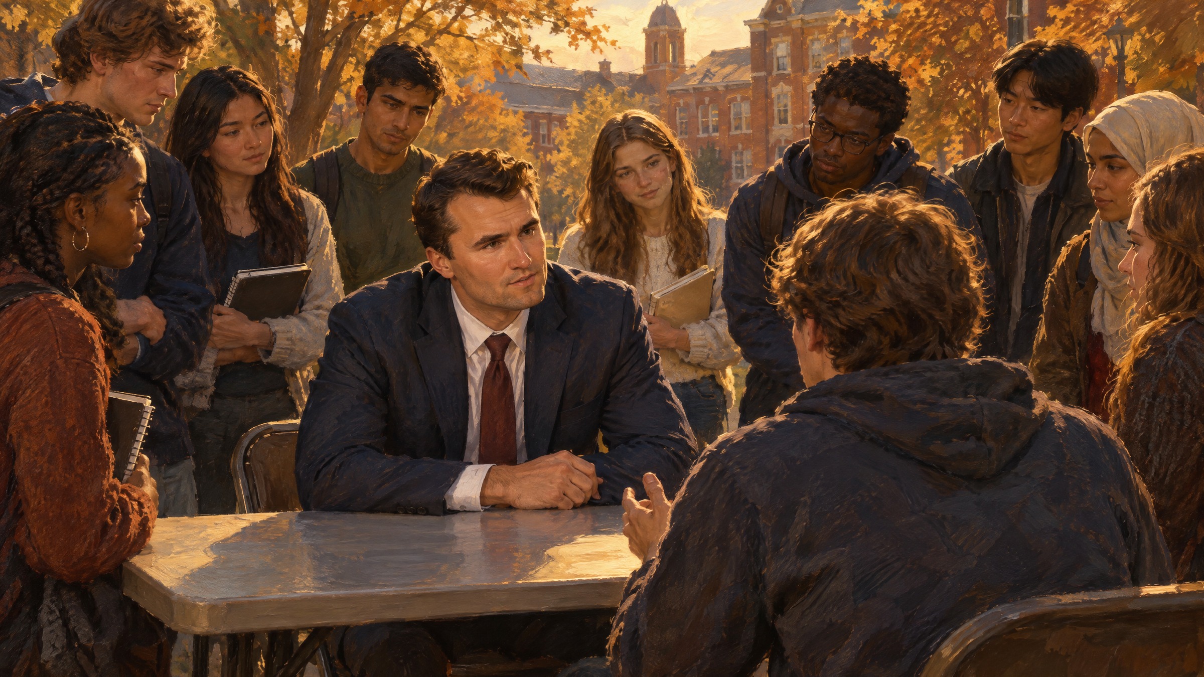 A painted scene of Charlie Kirk seated at a folding table on a college campus, talking with a student while a group of young people listen.