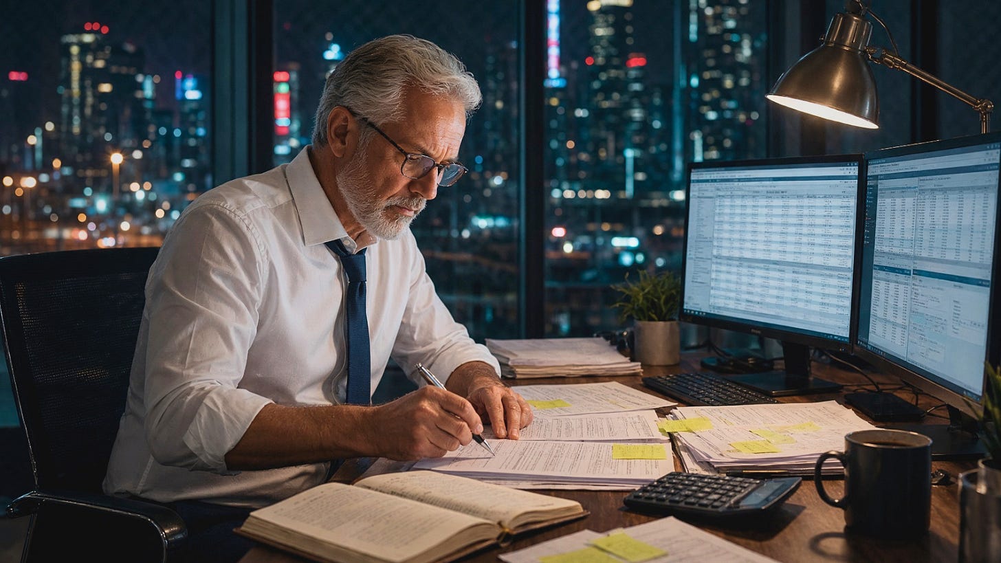 A gray-haired man in a shirt and tie writes notes at a desk covered with papers and books, with spreadsheets on two monitors and a city at night behind him.